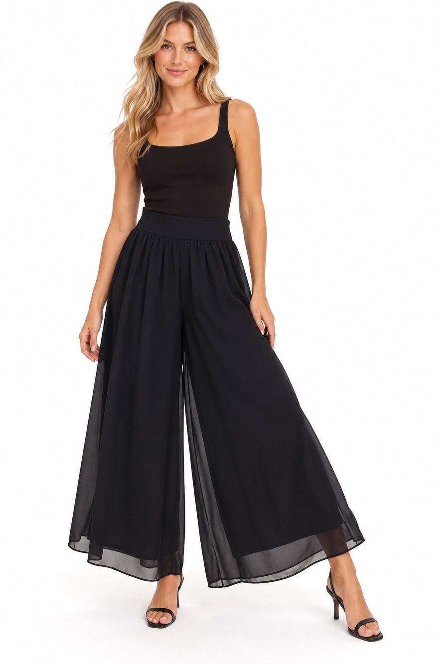 Vintage ‘90s Clio Black Chiffon Elastic Waist Palazzo Wide Leg Culotte Pants